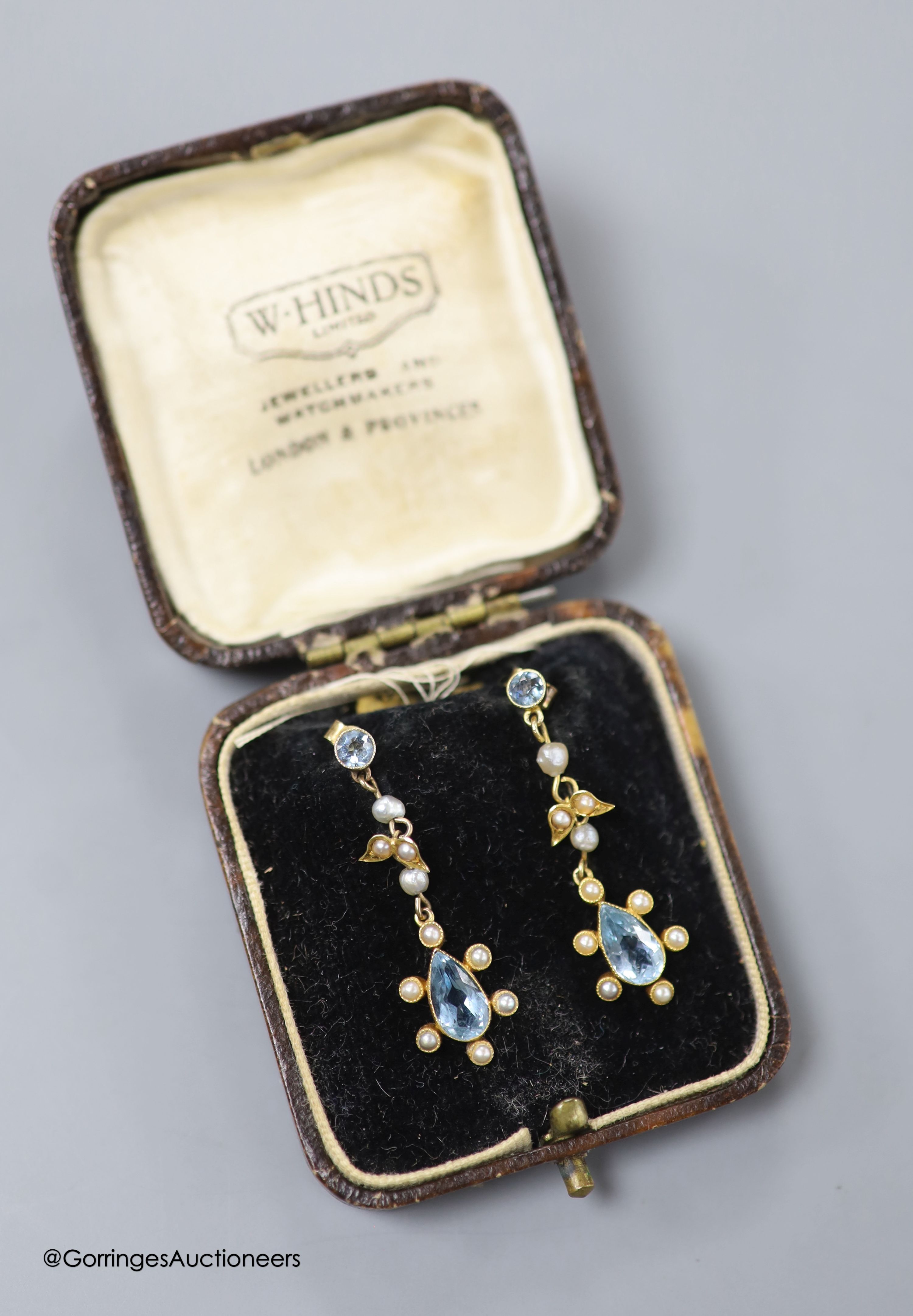 A pair of late Victorian 15ct, aquamarine and seed pearl set drop earrings, 33mm